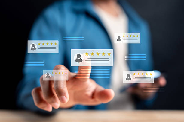 istock Customer feedback and positive review concept. User giving five star ratings and sharing opinions through a digital review system. Useful for marketing, CRM, and customer satisfaction content. 2239160891