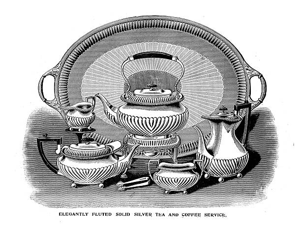 Solid silver tea and coffee service, teapot, tray, sugar bowl, Victorian, Vintage illustration, 1890s, 19th Century