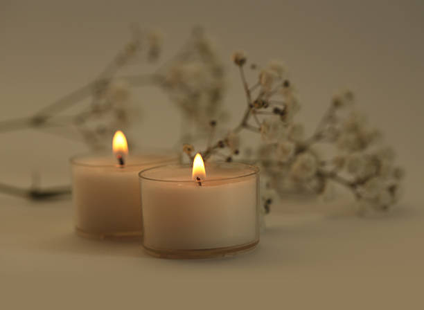 Selective Soft focus. blur Burning candles with flower twig. Evening Light and shadow beige background. Minimalist still life.