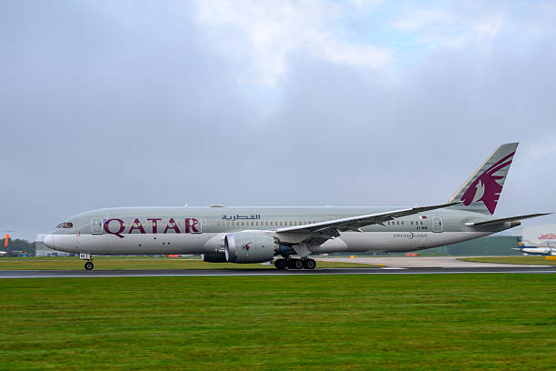 Manchester Airport, England – September 28 2025 Qatar Airlines Boeing B787 Dreamliner preparing to depart