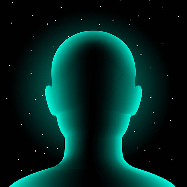 Minimal futuristic illustration of a human head silhouette glowing in blue-green light against a starry background. Perfect for technology, AI, and innovation themes, modern presentations, or sci-fi concepts.