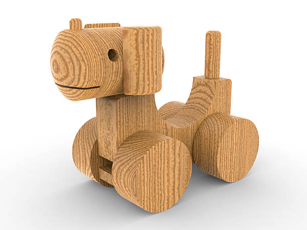 Rustic wooden dog toy featuring geometric blocks and smooth cylindrical wheels on white background - 3D rendering