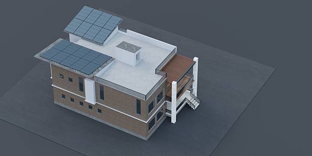 istock Solar panels on building, clean energy, background, 3D illustration 2239167801