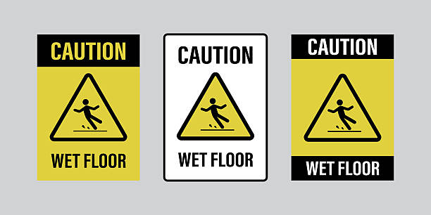 istock Caution wet floor, slippery way after cleaning. Human pictogram on slick floor, printable signs template. Set of three warning signs 2239179603