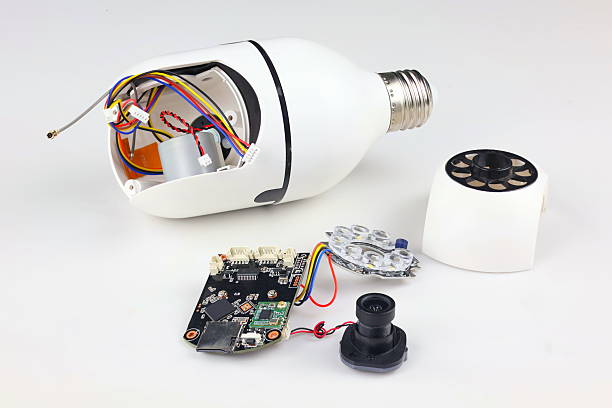 istock The image clearly shows each component of a smart light bulb camera, including the bulb housing, internal circuit board, camera module, and LED light assembly. 2239181818