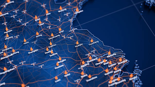 istock Huaiyin map big data visualization. Futuristic map infographic of city in China. Visual map data complexity in modern blue and orange colors 2239185677