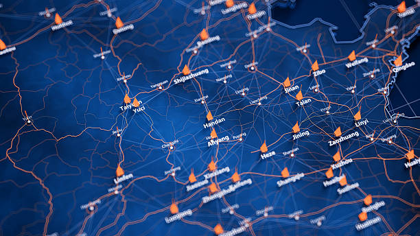 istock Handan map big data visualization. Futuristic map infographic of city in China. Visual map data complexity in modern blue and orange colors 2239185838