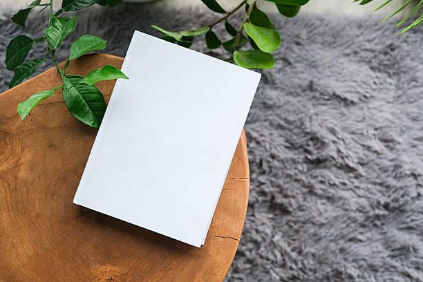 blank book mockup on decorative table with many green plants and gray rug on the floor . Template book cover