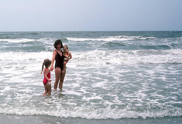 Clearwater FL - Mother & Daughters Wade in the Surf - 1984