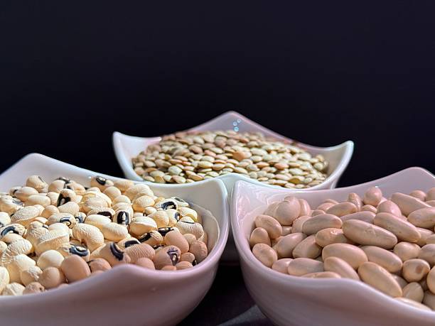 White beans, lentils, and black-eyed peas in white bowls on a black surface. Healthy, wholesome, plant-based food.