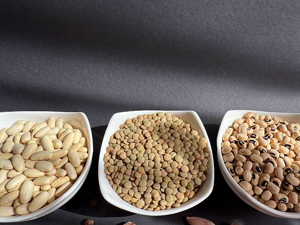 White beans, lentils, and black-eyed peas in white bowls on a black surface. Healthy, wholesome, plant-based food.