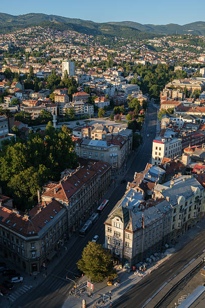 istock A cityscape view with buildings streets and distant mountains Trees are scattered throughout the city and the sky is clear and blue Buses travel on the roads 2239200729