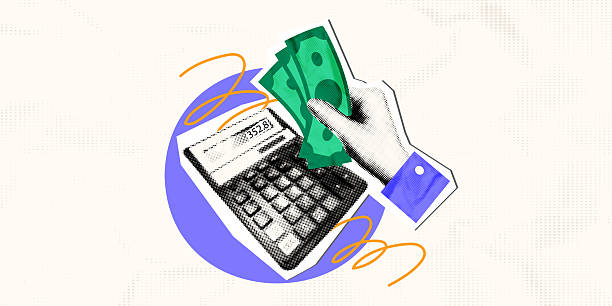 Financial planning concept. Halftone hand holding money and calculator. Trendy art collage banner template, Investing, savings, budget planning. Modern retro mixed media vector illustration