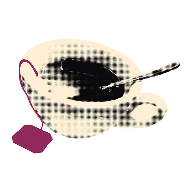 Art collage cut out of halftone cup of tea with tea bag. Sticker with dotted texture and doodle. Modern retro mixed media vector illustration isolated on transparent background