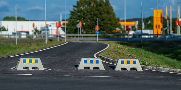 istock Concrete road barriers with Swedish colors.. 2239216899