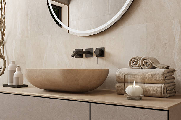 istock Minimalist Japandi Bathroom Interior with Natural Stone and Wooden 2239217421