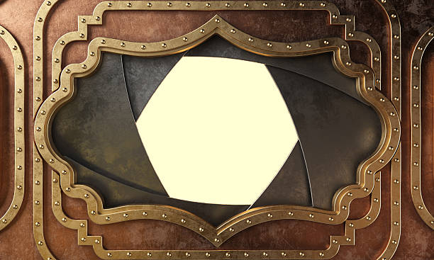 istock Steampunk metal board with brass borders. Open metal hole or door. 2239232081