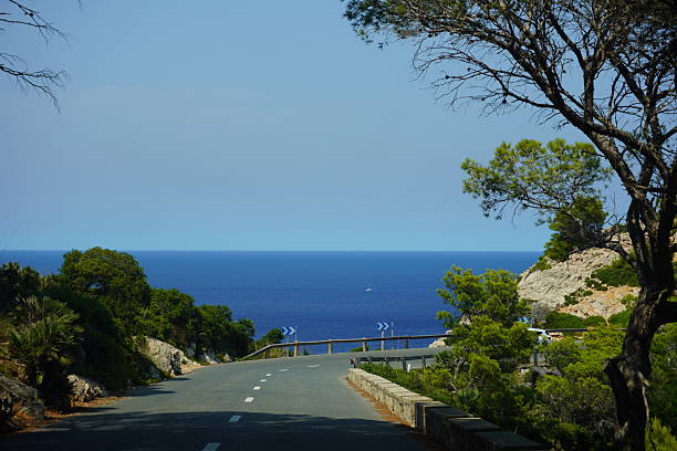 A scenic coastal road descends through green trees and shrubs towards the expansive, deep blue Mediterranean Sea.