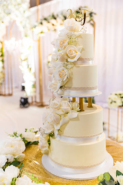 istock Beautiful white wedding cake decorated with flowers close up 2239273692