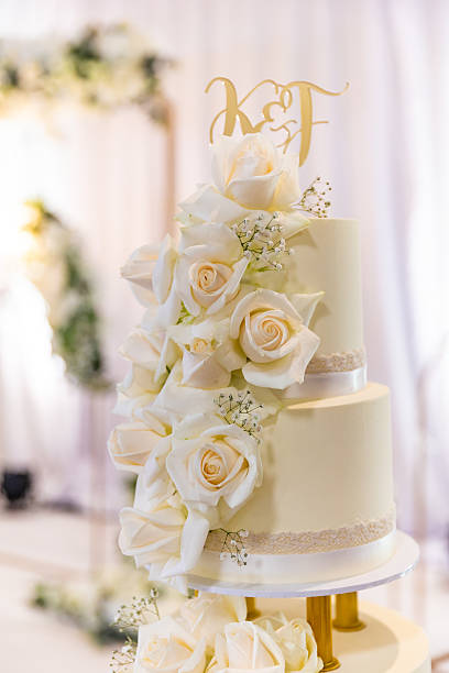 istock Beautiful white wedding cake decorated with flowers close up 2239273701