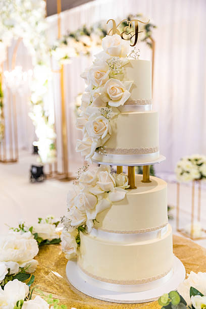 istock Beautiful white wedding cake decorated with flowers close up 2239273711