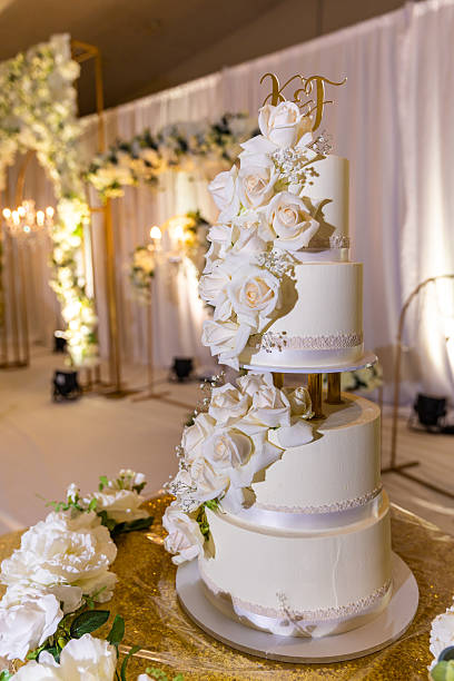 istock Beautiful white wedding cake decorated with flowers close up 2239273824