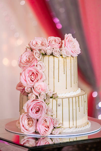 istock Beautiful white wedding cake decorated with flowers close up 2239274685