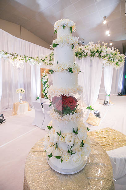 istock Beautiful white wedding cake decorated with flowers close up 2239274716