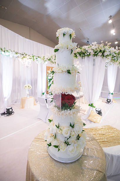 istock Beautiful white wedding cake decorated with flowers close up 2239274721