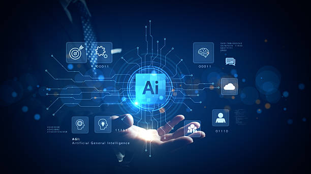 Futuristic AI interface with icons of machine learning, cloud, brain, and network above a businessman's hand, illustrating AGI and digital intelligence. 3d Rendering stock photo