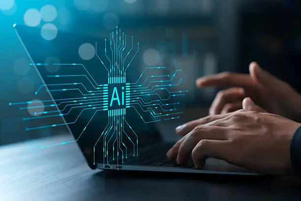 Photo of Artificial General Intelligence concept, engineers using laptops to develop Ai, machine learning, big data processing and intelligent computing, creating automation systems, future innovations.