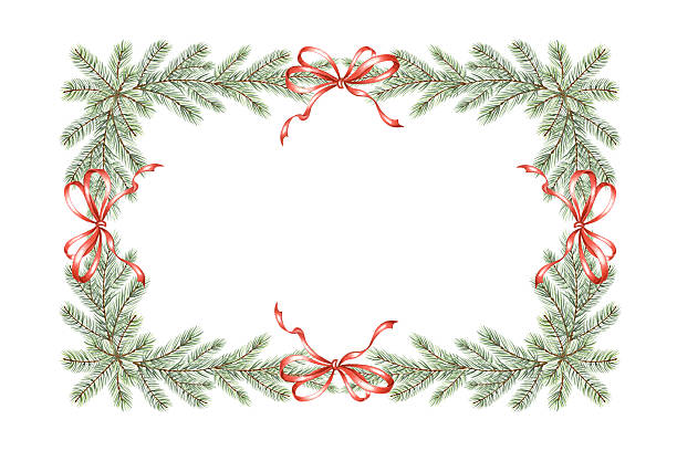 Christmas spruce tree branch with bow vintage frame watercolor. Fir twig with green needles. Hand drawn illustration of pine winter holiday background. Isolated template for greeting card, textile