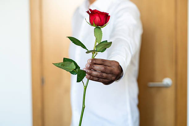 istock Man giving a red rose to his date 2239320426