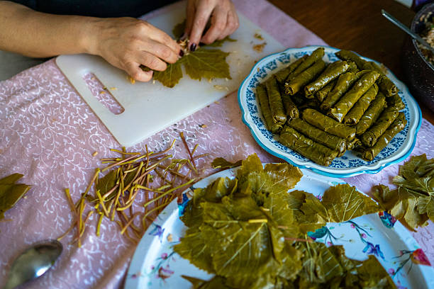 Close-up view of hands preparing traditional stuffed grape leaves, known as dolma, in Turkish cuisine.Homemade food preparation with fresh vine leaves and authentic Mediterranean flavors.