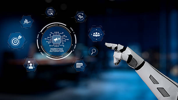 istock Futuristic robotic hand interacting with digital marketing automation interface, showcasing data analytics and technology in a modern workspace environment Synapse 2239331651