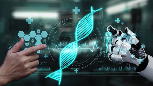 istock Robot and human reach hand and point finger with DNA icon float. Salubrious. 2239333963