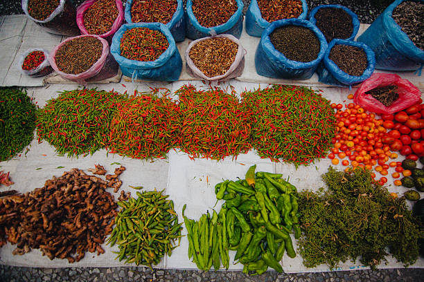 Chilies, ginger, tomatoes, and other fresh produce at Luang Prabang’s Morning Market.