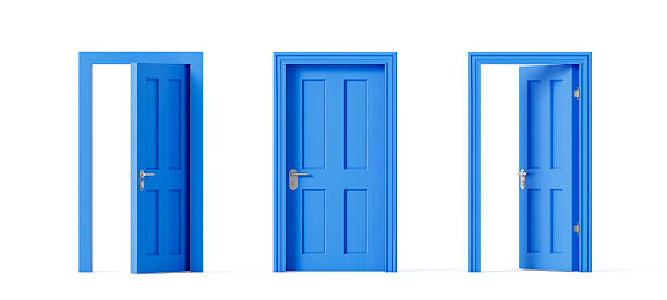 istock Three bright blue doors in different open and closed positions on a white background representing decision making and opportunity concept. 3D Rendering 2239344144