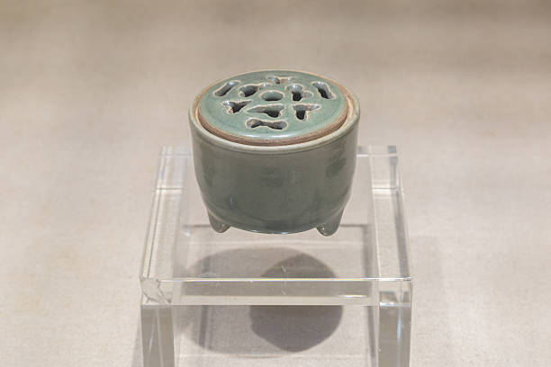 Celadon Glazed Incense Burner with Perforated Lid Displayed on Acrylic Stand