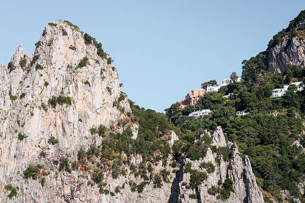 Famous Faraglioni cliffs and Capri island coast, Italy, retro toned