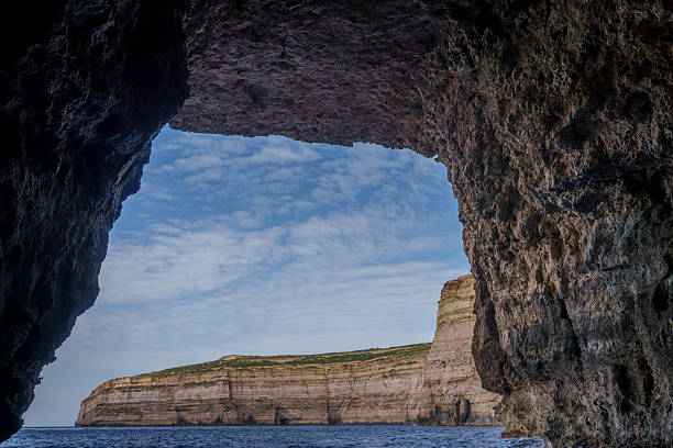 View from dark cavern reveals rugged coastal cliffs and patterned clouds above calm Mediterranean water.
