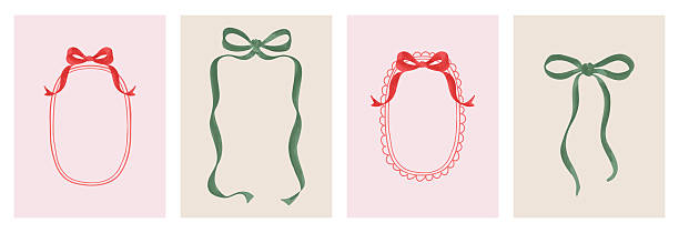Christmas greeting card Set. Beautiful art design in trendy retro hand drawn doodle style with bow and ribbon frames. Xmas art banner, poster, cover templates.