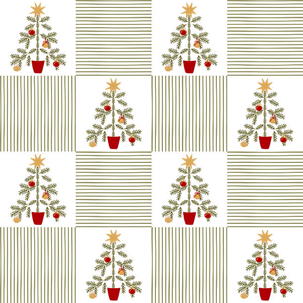 Retro Christmas tree checkered seamless pattern. Hand drawn winter holiday plaid design, geometric wallpaper, stripes and fir tree, vintage repeat background. Vector festive textile design, wrap paper