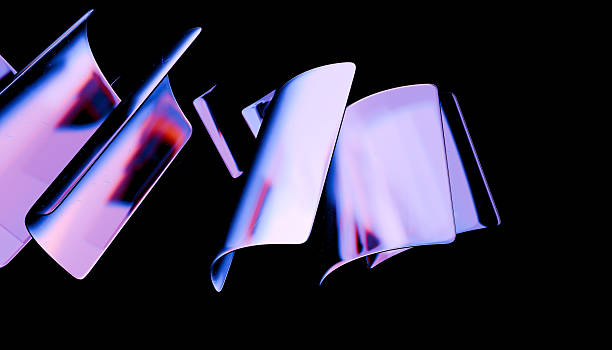 istock Abstract image featuring curved, reflective surfaces with gradient of purple and blue hues against black background, creating futuristic and dynamic visual effect 2239379445