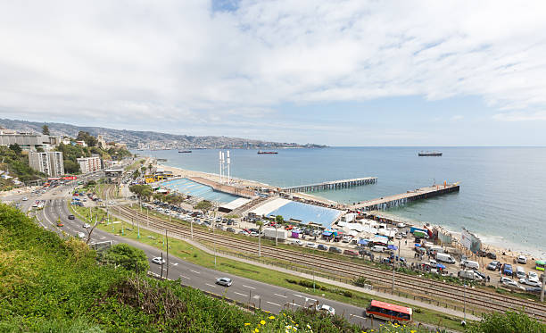 Valparaiso, Chile - October 4, 2025:  Panoramic view of Caleta Portales from Cerro Esperanza, where you can also see Avenida España, the main road to get to Valparaiso (which can be seen in the background) or to go to Viña del Mar, next to the subway and Paseo Wheelwright in the background, on a partly cloudy day.