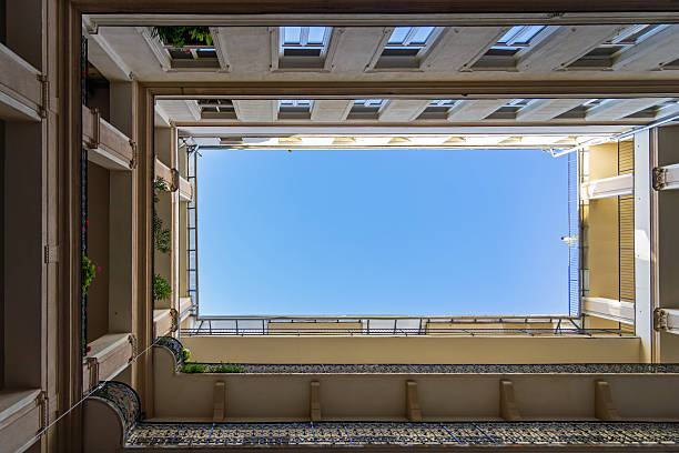 Looking Up from Courtyard to Clear Blue Sky. Upward view from inside a classic apartment courtyard framed by balconies, showing open sky and architectural symmetry in daylight