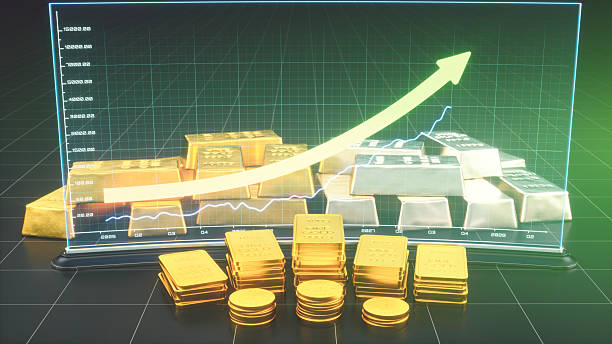 istock Gold and silver price screen with upward arrow and glowing line graph. 2239386178