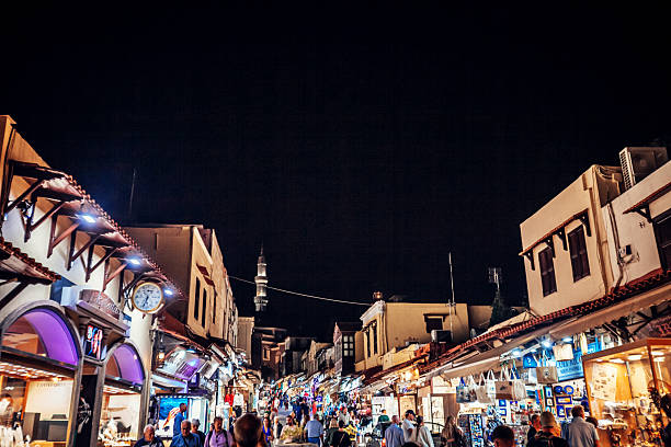 Crowded market street in Rhodes Old Town. Rhodes, Greece