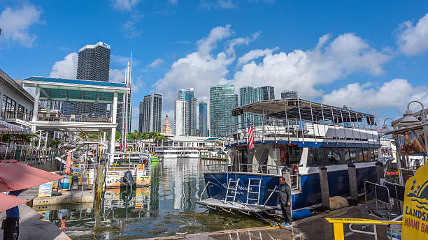 Yacht sailing on sea waters. Luxury superyacht at sea. Miami Beach with yachts. Tropical seascape with a sailboat. Cruise ship near the coastline. Sunset yacht voyage in Florida. Luxury yacht