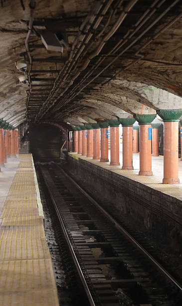 istock Subway rail line underground platform single track very old stat 2239418518